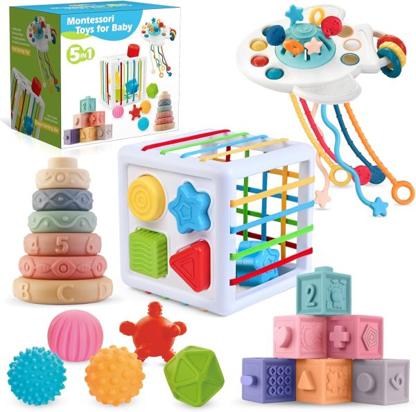 Springflower 5 in 1 Montessori Toys for Babies 0-3-6-12 Months, Soft Baby Teething Toys, Sensory Bin Toy, Stacking Building Blocks & Rings Infants,Developmental Toddler,Gift 12-18 Months