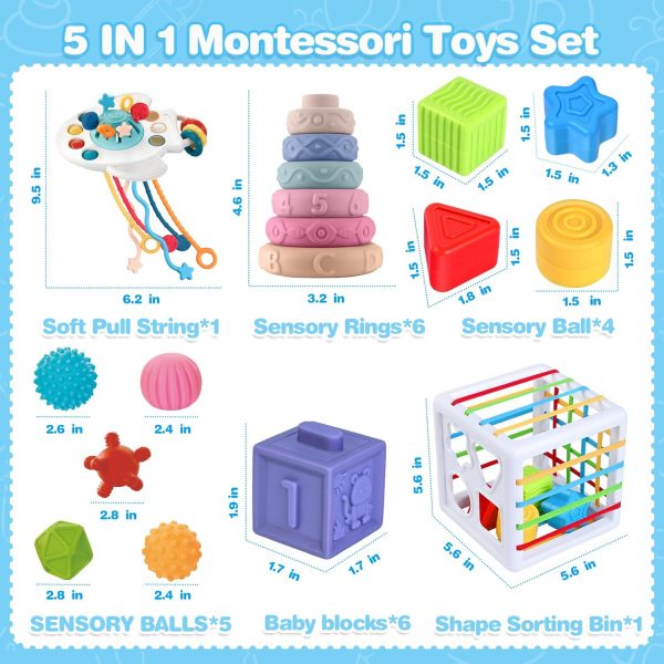 Springflower 5 in 1 Montessori Toys for Babies 0-3-6-12 Months, Soft Baby Teething Toys, Sensory Bin Toy, Stacking Building Blocks & Rings Infants,Developmental Toddler,Gift 12-18 Months - Image 2