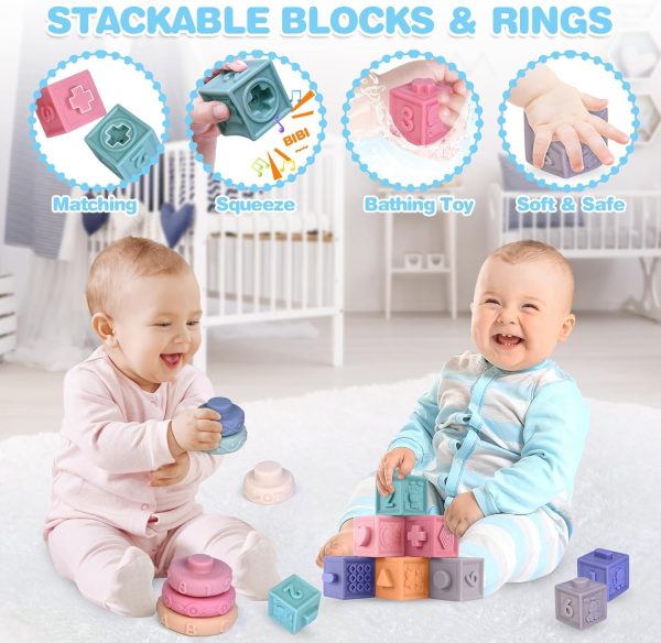 Springflower 5 in 1 Montessori Toys for Babies 0-3-6-12 Months, Soft Baby Teething Toys, Sensory Bin Toy, Stacking Building Blocks & Rings Infants,Developmental Toddler,Gift 12-18 Months - Image 4