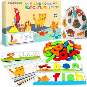 SpringFlower See & Spell Matching Letter Toy,Learning Educational Toy For 3 4 5 6 Years Old Boys And Girls,Preschool Learning Activities,Shape & Color Recognition Game,Cvc Word Builders For Kids,80Pcs