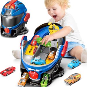 SpringFlower Boys Toys for 3 4 5 6 7 Years Olds, Race Track Toys,Race Helmet Design with 4 Die cast car Toy,Car Toys Set for Toddlers,Ideal Gift for 3 4 5 6 7 Years Old Kids