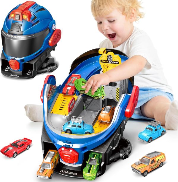 SpringFlower Boys Toys for 3 4 5 6 7 Years Olds, Race Track Toys,Race Helmet Design with 4 Die cast car Toy,Car Toys Set for Toddlers,Ideal Gift for 3 4 5 6 7 Years Old Kids