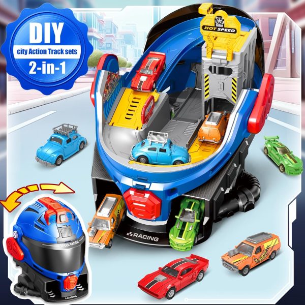 SpringFlower Boys Toys for 3 4 5 6 7 Years Olds, Race Track Toys,Race Helmet Design with 4 Die cast car Toy,Car Toys Set for Toddlers,Ideal Gift for 3 4 5 6 7 Years Old Kids - Image 4